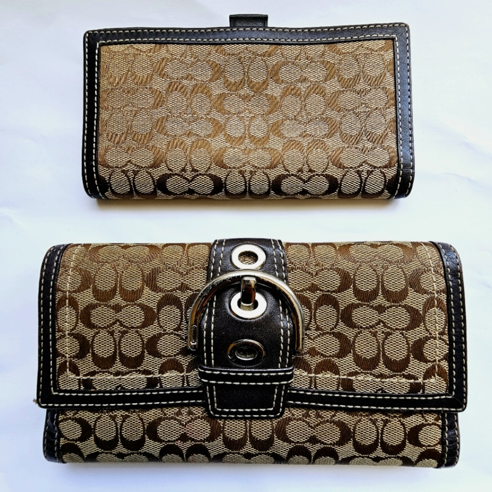 2 set Coach Signature Buckle Leather Trim Trifold Wallet with Check Book Holde…